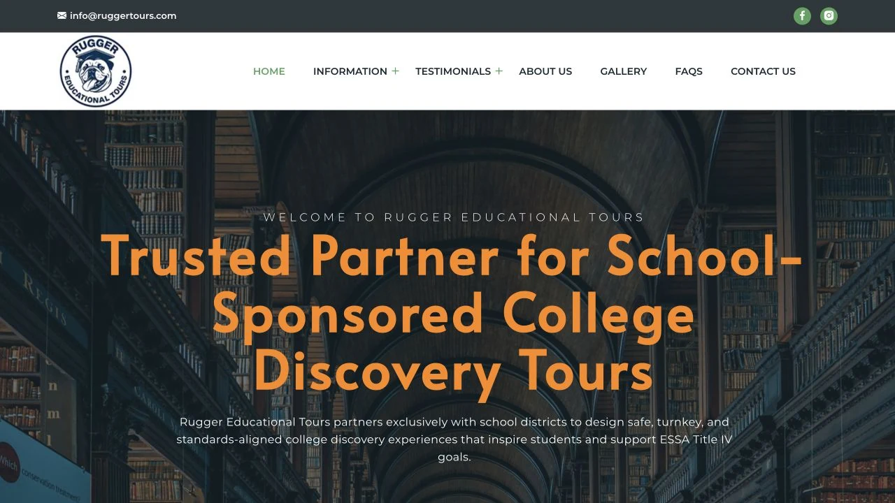 Rugger Tours homepage design with the brand navigation and college discovery tour introduction