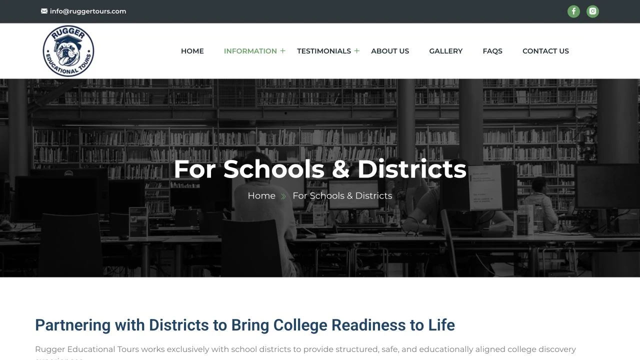 Rugger Tours Schools and Districts page with a photographic banner and district-focused introduction