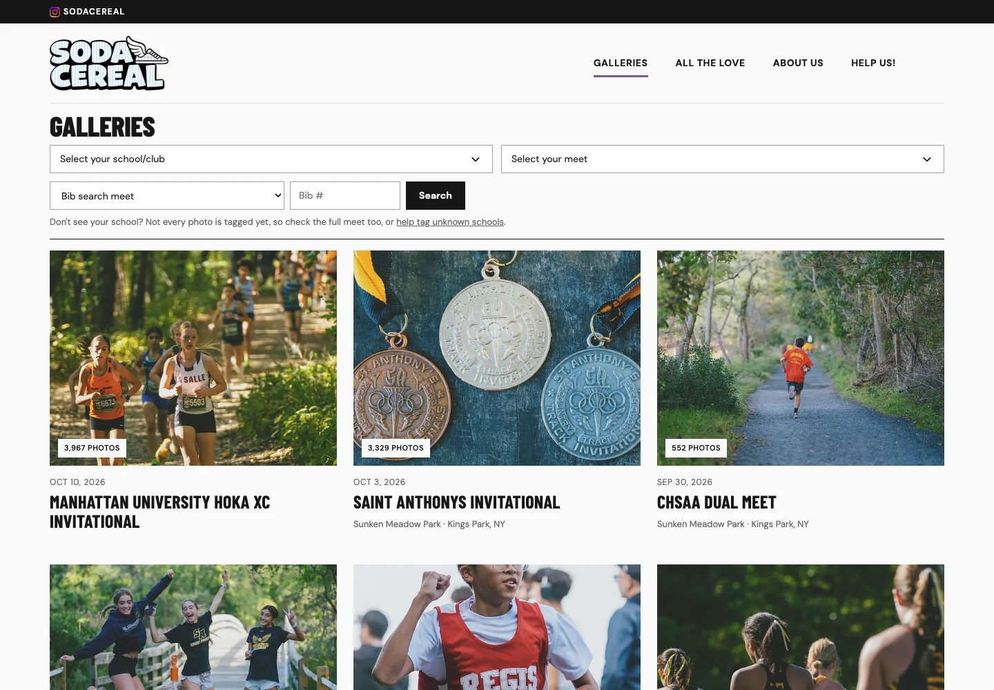 Soda & Cereal website with sports photography galleries and school search