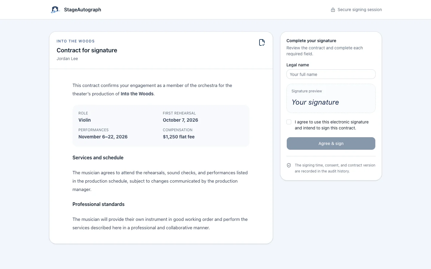 StageAutograph Sign interface for reviewing and signing a theater contract